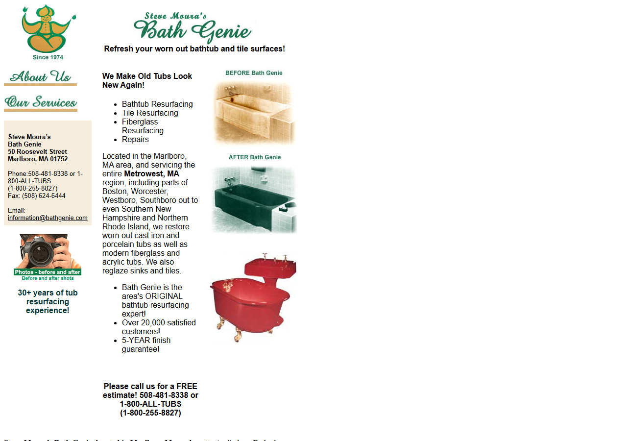 Bath Genie Inc. website before the rebuild