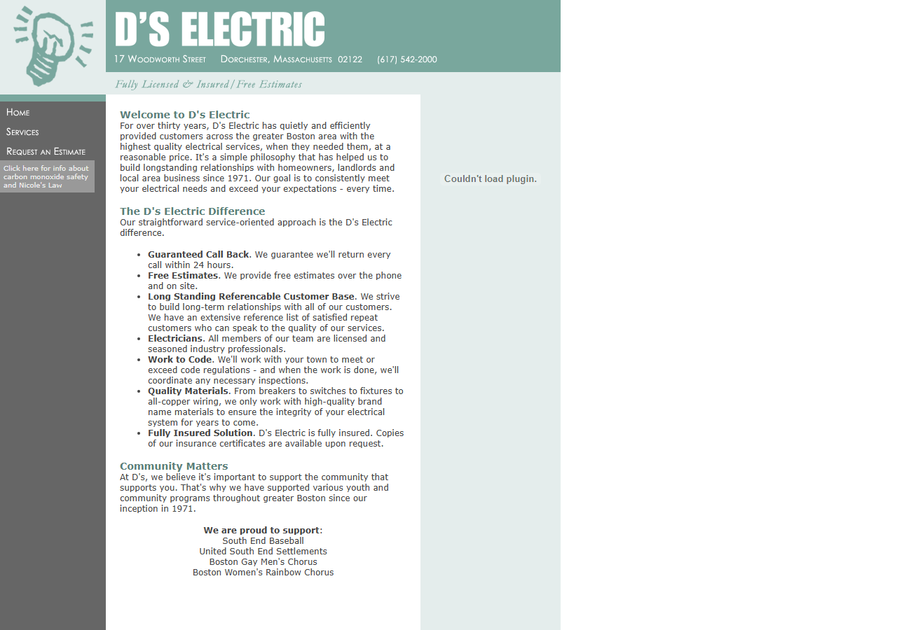 D's Electric website before the rebuild