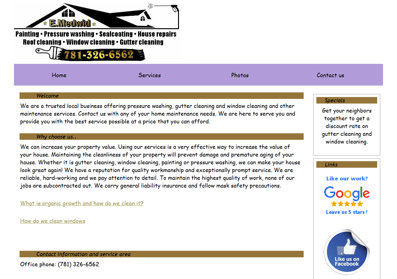 E. Medwid Pressure Washing & Cleaning website before the rebuild