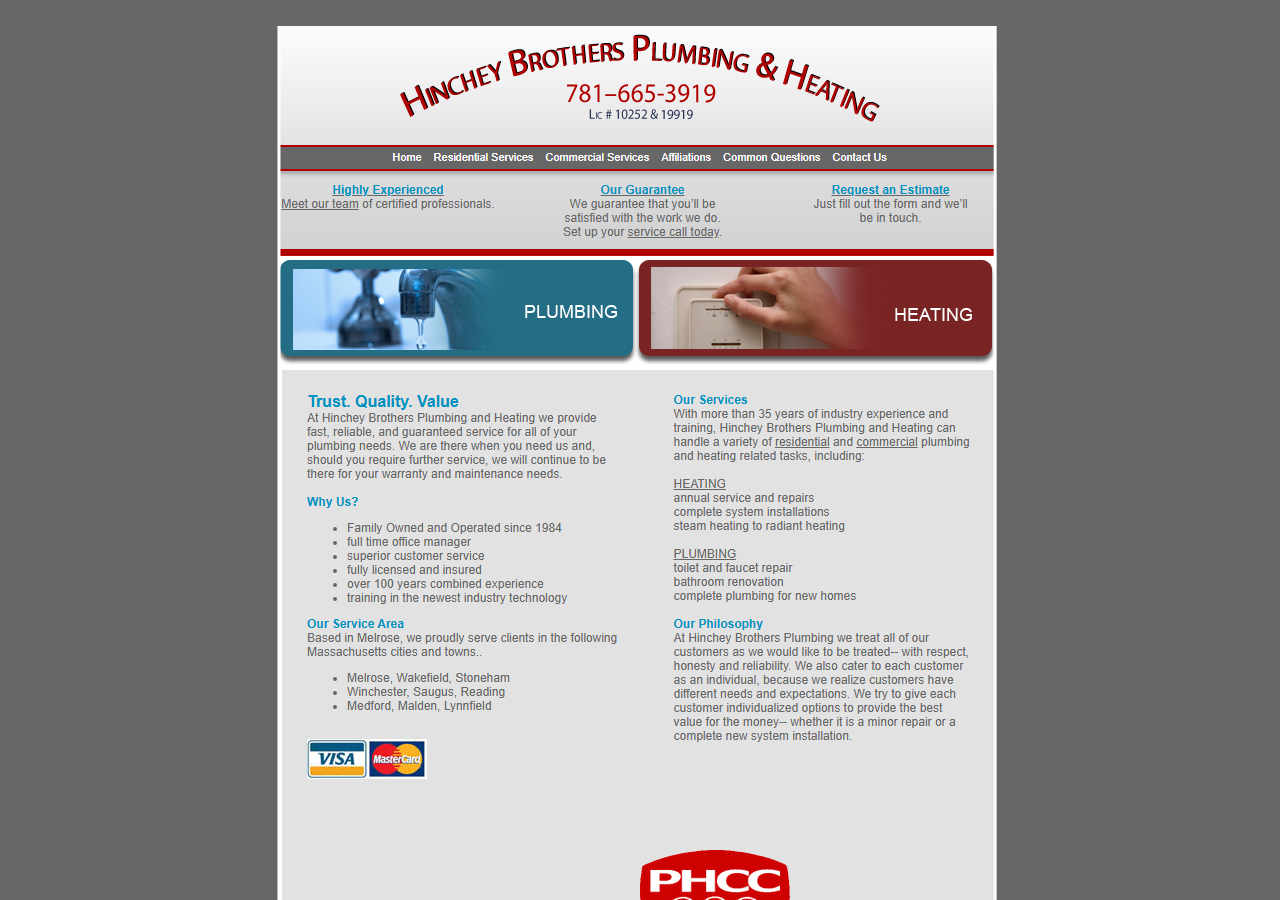 Hinchey Brothers Plumbing & Heating website before the rebuild