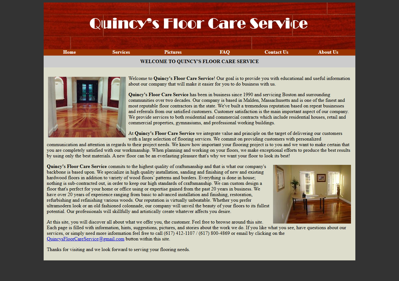 Quincy's Floor Care Service website before the rebuild