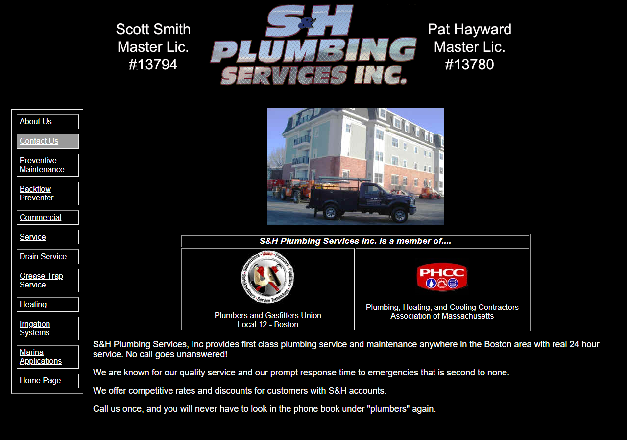 S & H Plumbing Inc. website before the rebuild