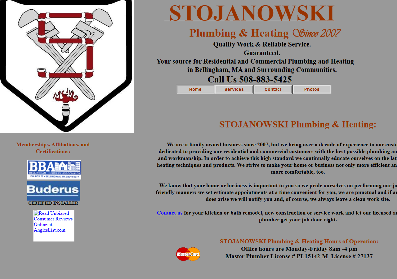 Stojanowski Plumbing & Heating website before the rebuild