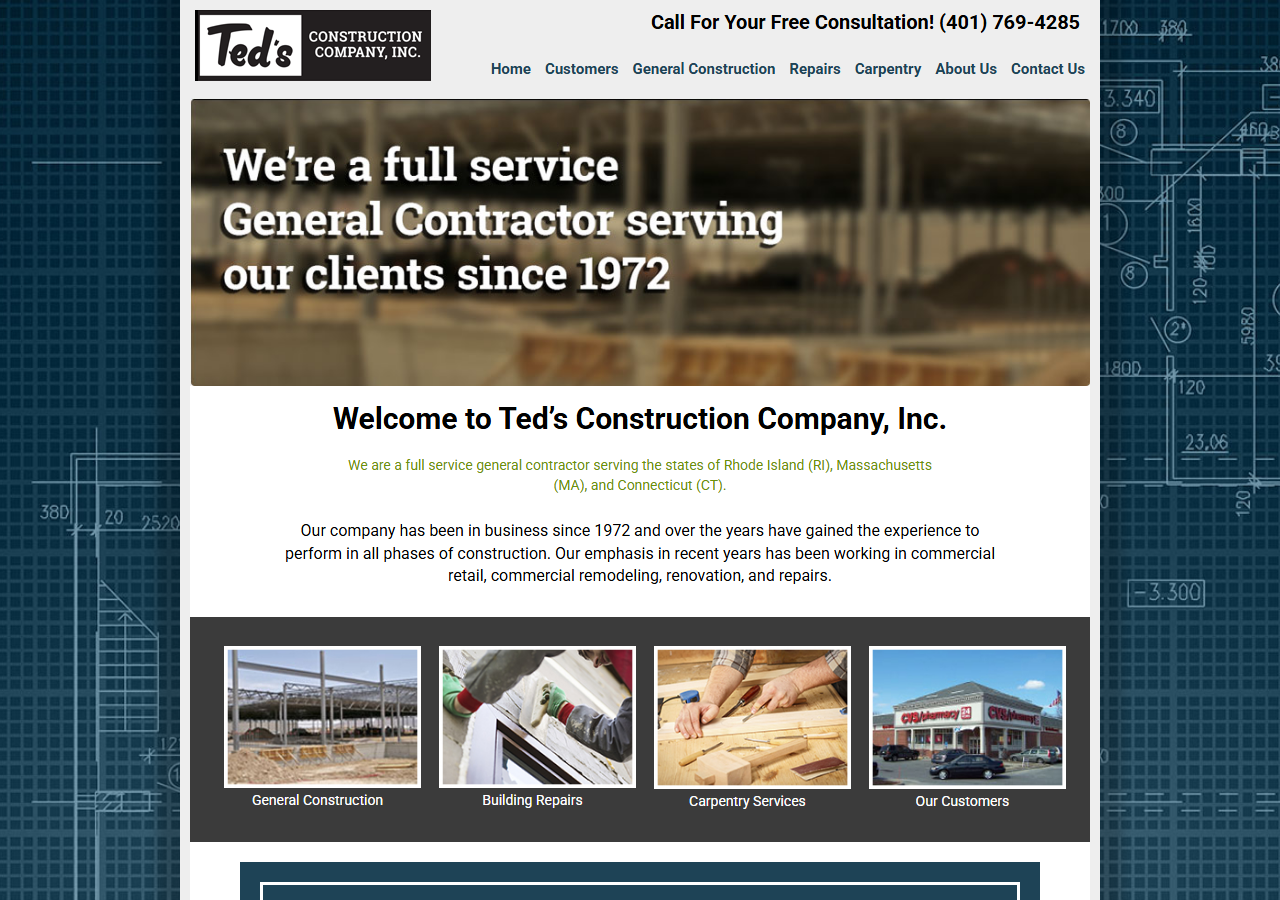 Ted's Construction Company website before the rebuild