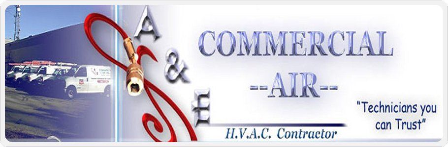 The A&E Commercial Air mark: the company name over a photograph of the service van fleet, with the line Technicians you can Trust