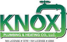 Knox Plumbing and Heating Co., LLC logo: a green faucet above the KNOX wordmark, with MA License # 13781 and NH License # 4368 printed beneath it.