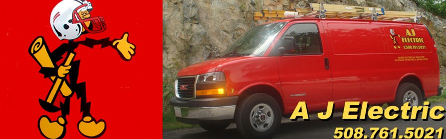 The red AJ Electric service van, lettered in gold with the company name and the phone number 508.761.5021
