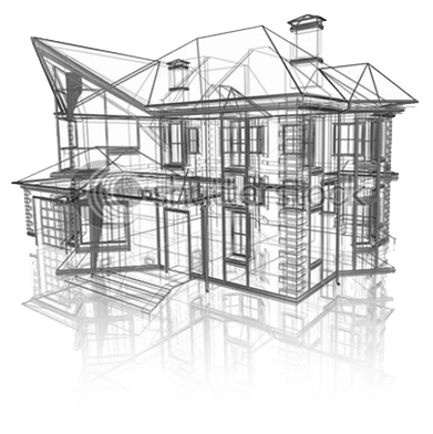 Wireframe rendering of a house: roof planes, dormers and chimneys drawn as lines