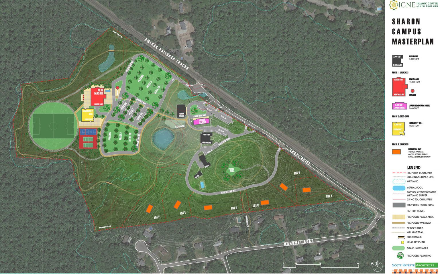 Aerial site plan for the Sharon campus master plan, colour coded by phase, with a legend for property boundary, wetland, walkways, parking and building footprints