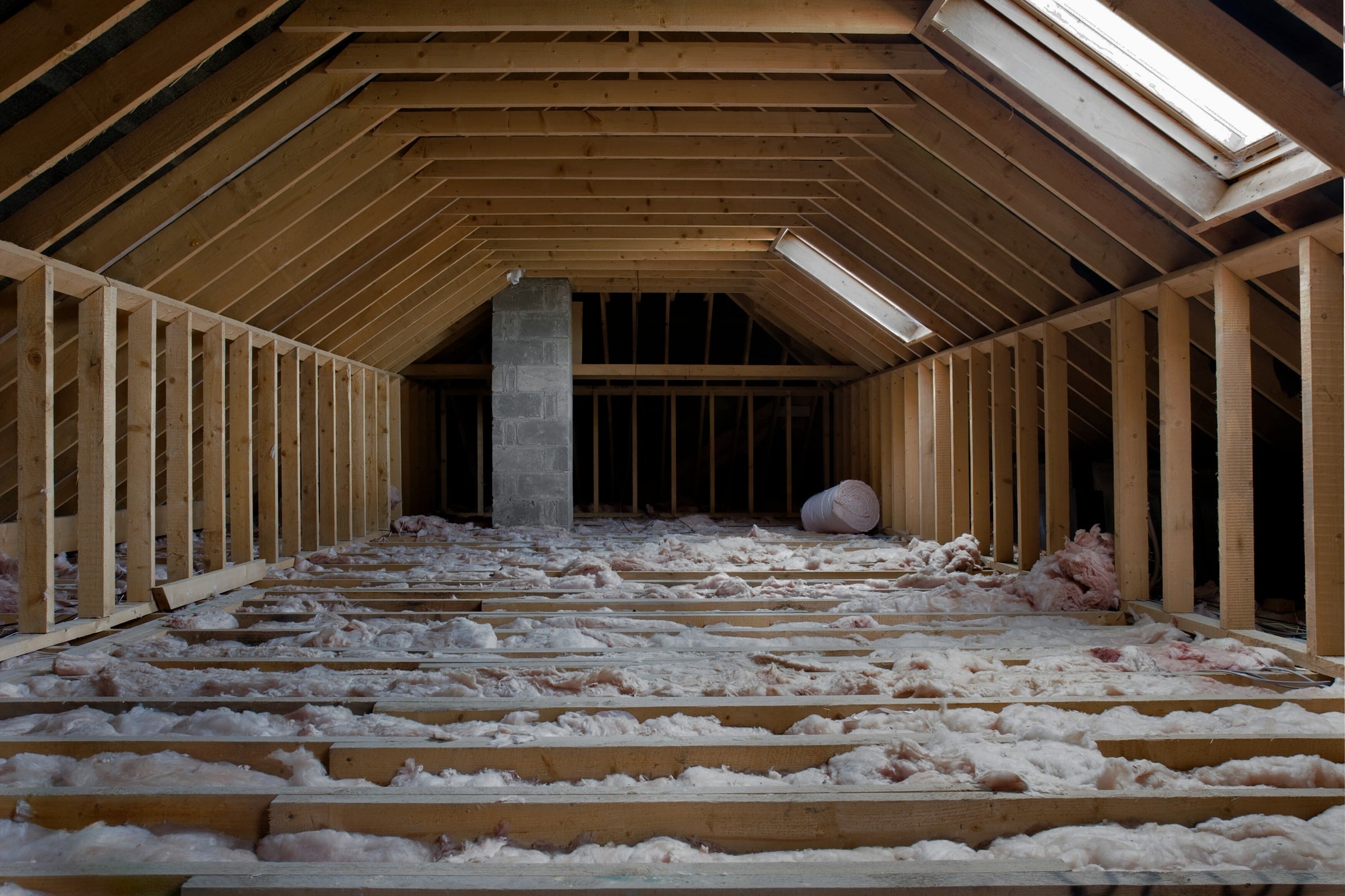 Attic before insulation: open joist bays with thin, degraded fiberglass between them