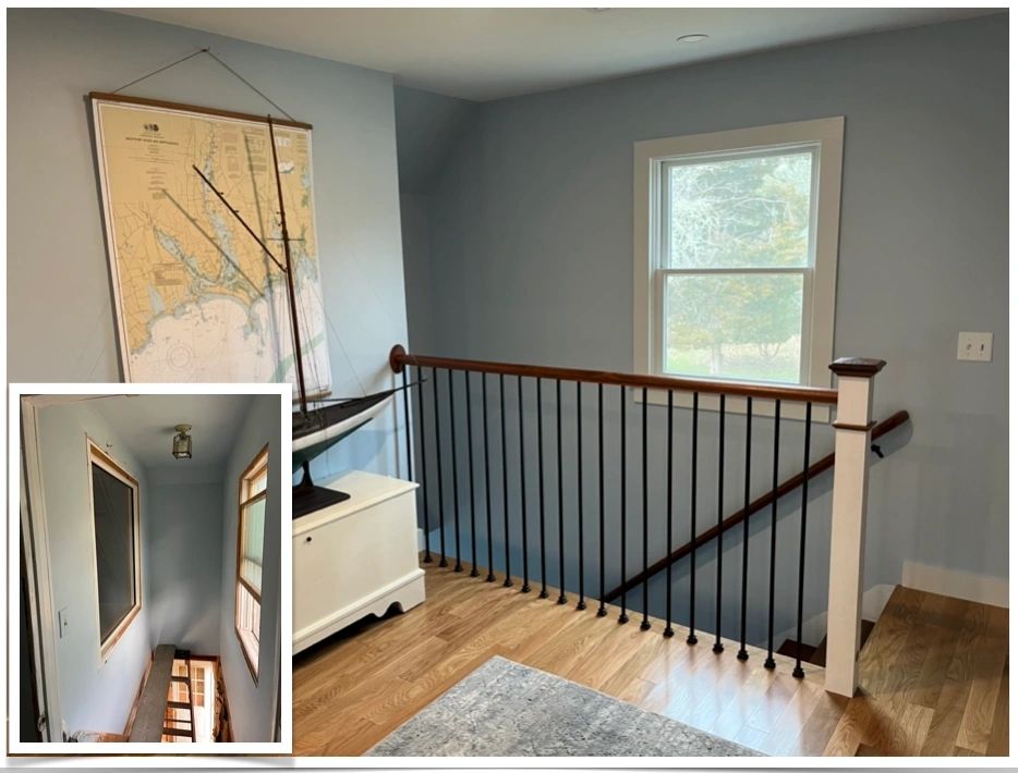 Finished upstairs stair hall with a black metal rail and a wood cap, with the small before photo of the same landing inset at lower left.