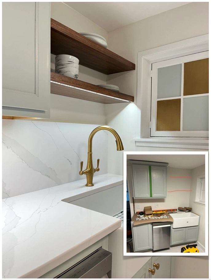 Finished kitchen run with a quartz counter, brass faucet and walnut open shelving, with the before photo of the bare cabinets inset at lower right.
