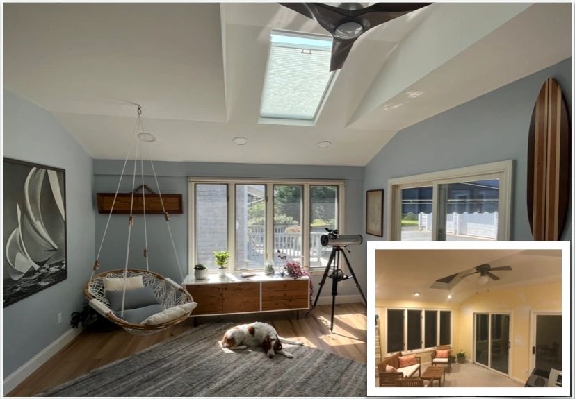 Finished living room with a hanging rattan chair under a skylight, with the before photo of the same room inset at lower right.
