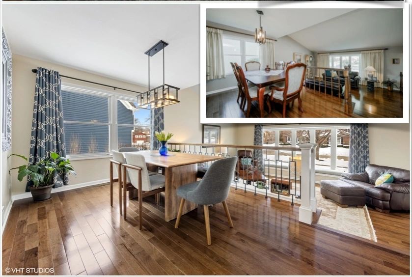 Finished dining room with a wood table and an open rail to the living room, with the before photo of the same room inset at upper right.