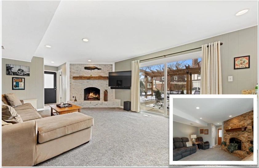Finished living room with a lightened brick fireplace and sliding doors to the yard, with the before photo of the darker room inset at lower right.