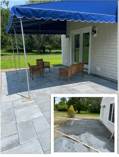 Finished cut stone patio under a blue awning with teak chairs, with the before photo of the bare gravel base inset at lower right.