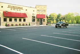 Restaurant parking lot with freshly painted white stall lines