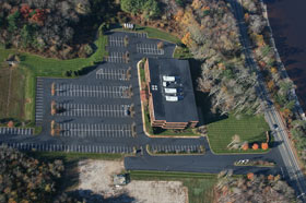 Aerial view of an office building parking lot in Bridgewater, Massachusetts