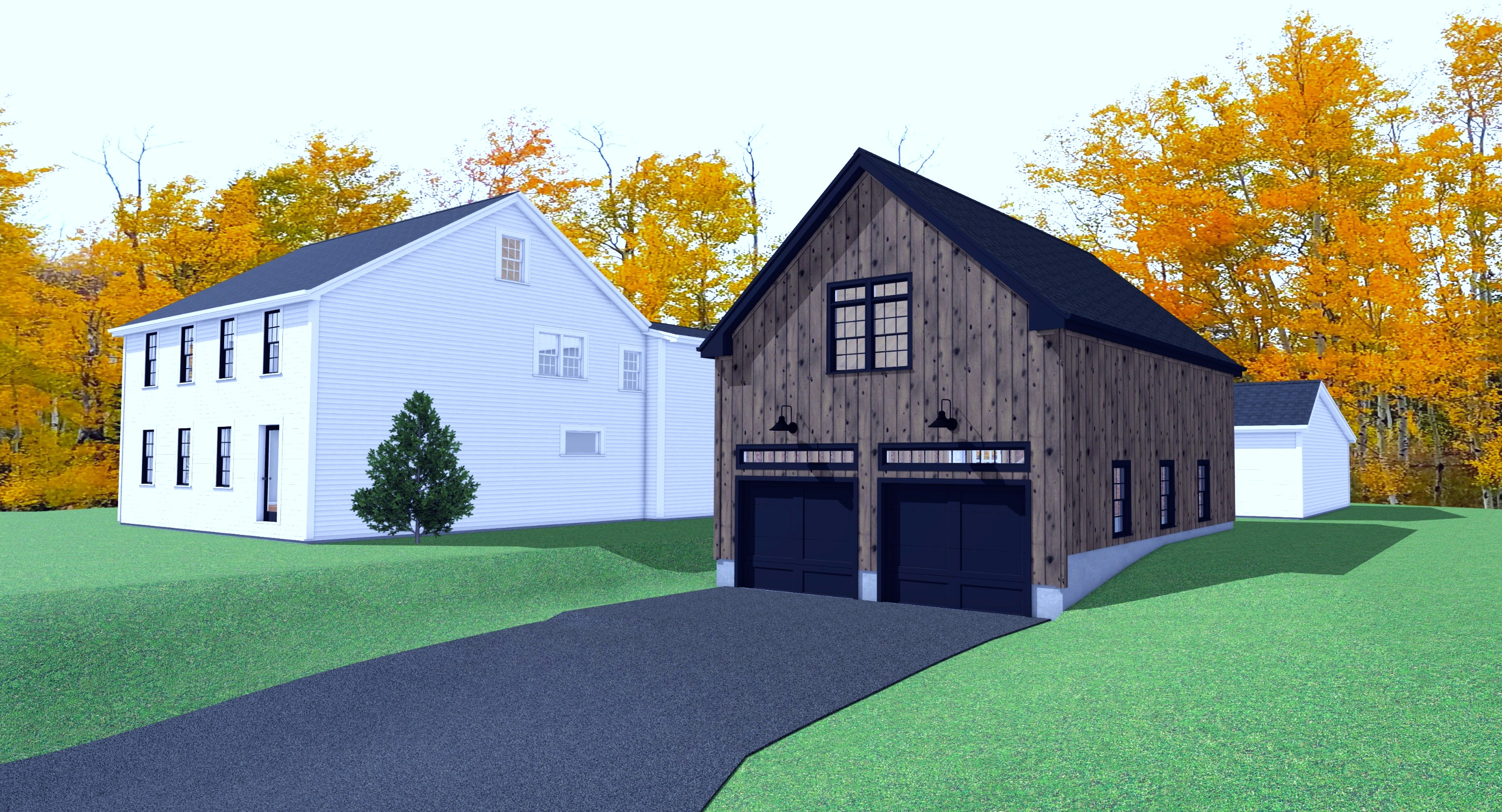 Architectural rendering of a white farmhouse with a dark board and batten garage among autumn maples