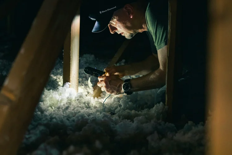 An assessor checking insulation in a home attic by headlamp