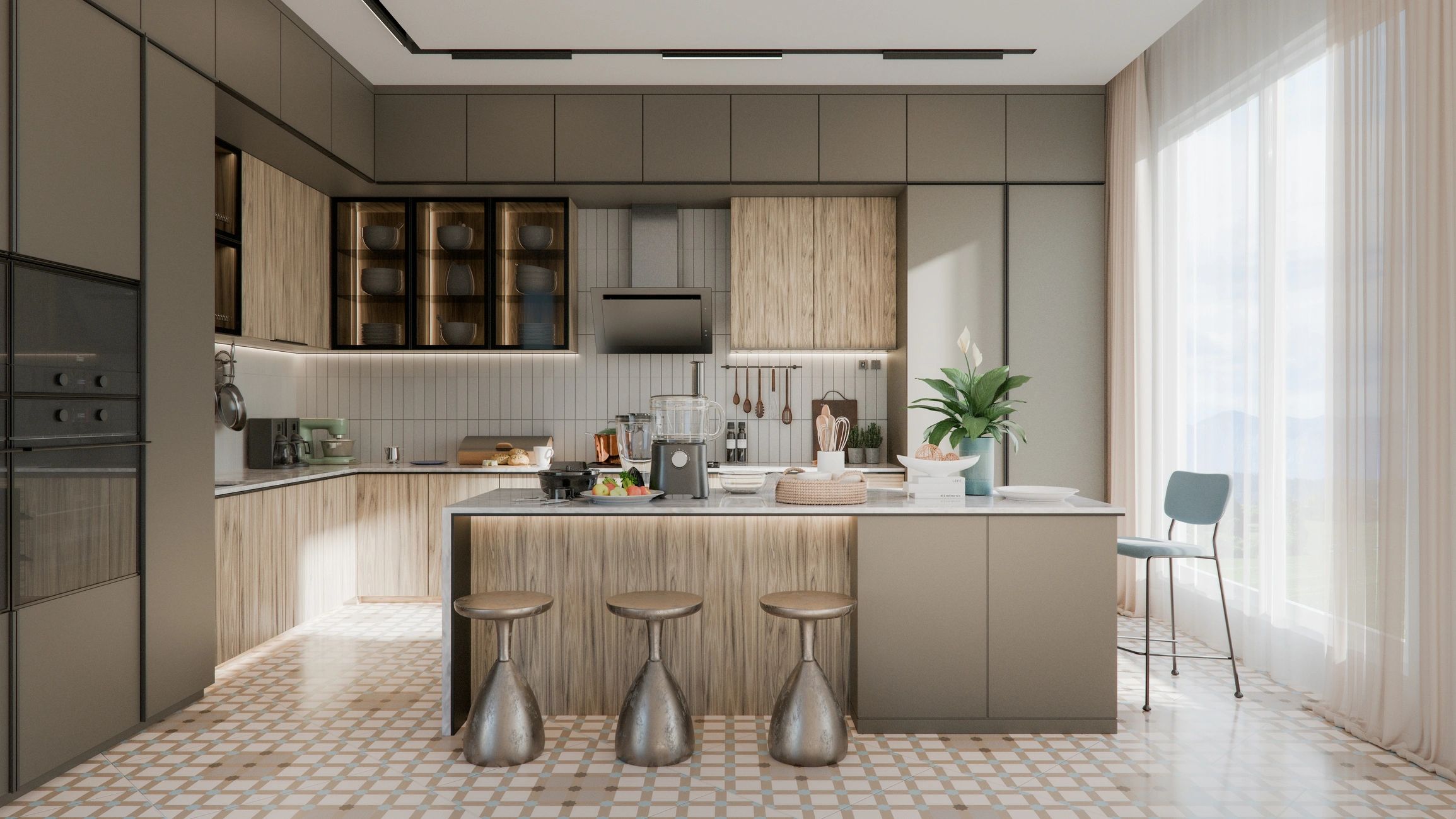 A modern kitchen with floor to ceiling cabinetry, a stone-topped island with three stools, glass-front display cabinets and patterned tile flooring