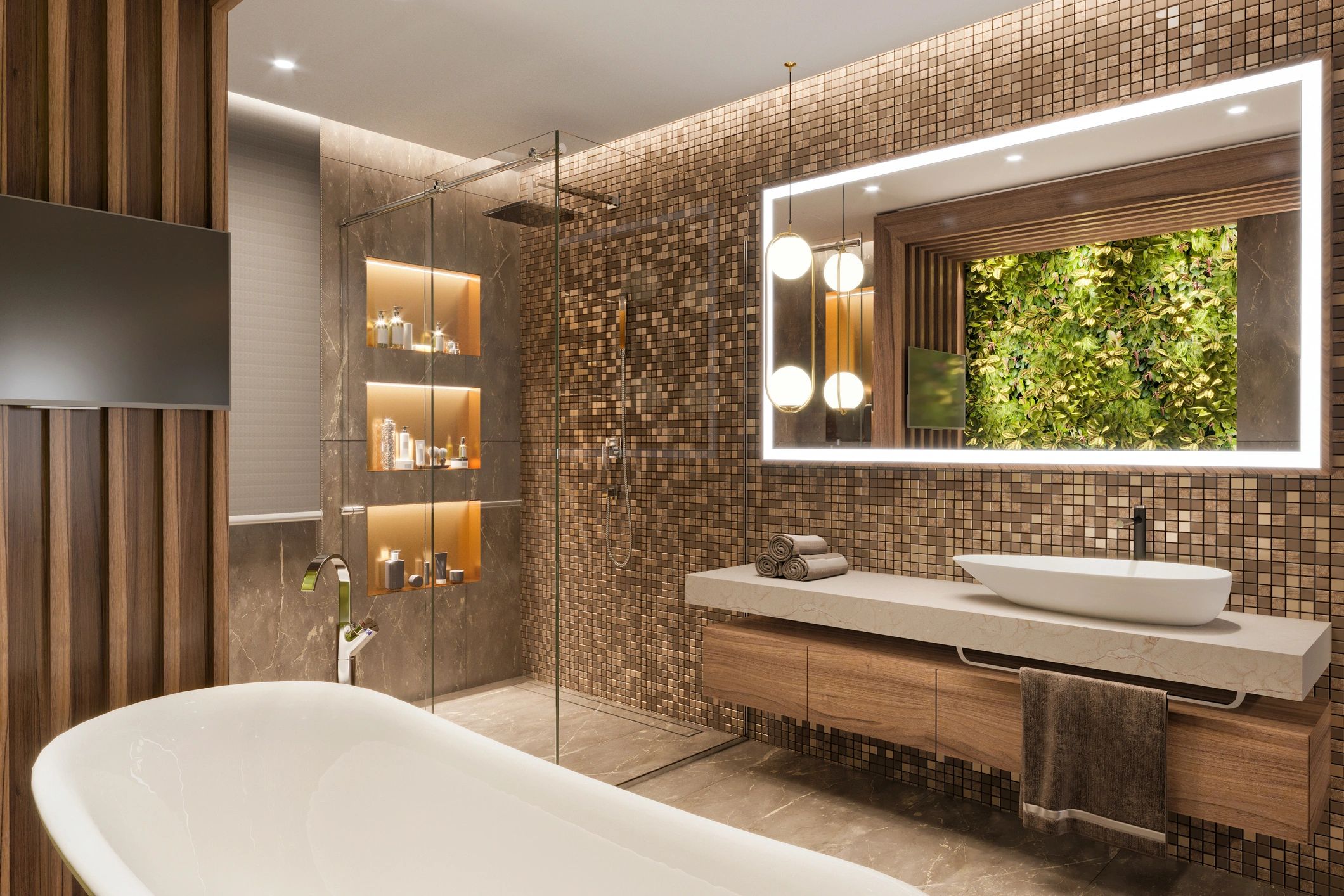 A spa-style bathroom with gold mosaic tile walls, a freestanding tub, a glass walk-in shower with recessed lit niches and a floating vanity with a vessel sink