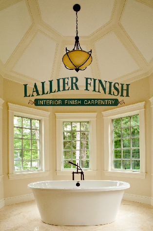 Freestanding tub under an octagonal painted ceiling with a hanging brass pendant, finished by Lallier Finish, Inc.