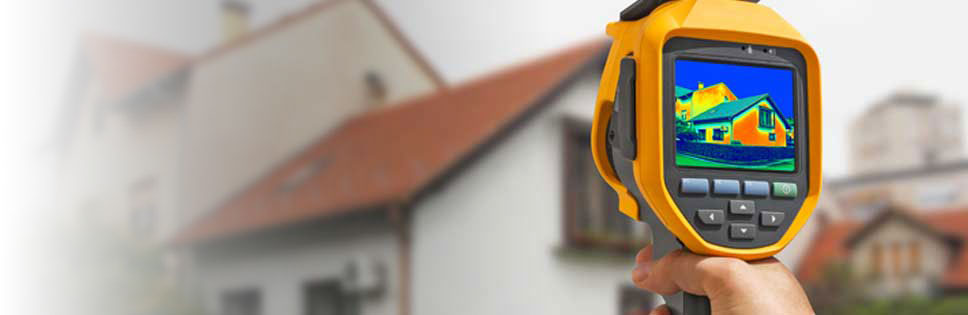 A hand holding a thermal imaging camera that reads a house as an orange and yellow heat map.