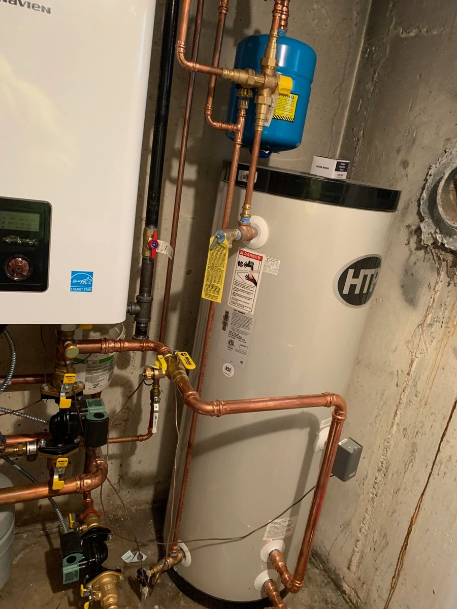 Wall hung heater piped to an indirect tank with copper and an expansion tank