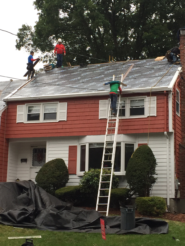 Premiere crew on the roof of a red colonial, ladders up and tarps laid over the shrubs