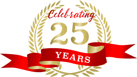 Remco Flooring seal: Celebrating 25 Years, gold laurel wreath with a red ribbon