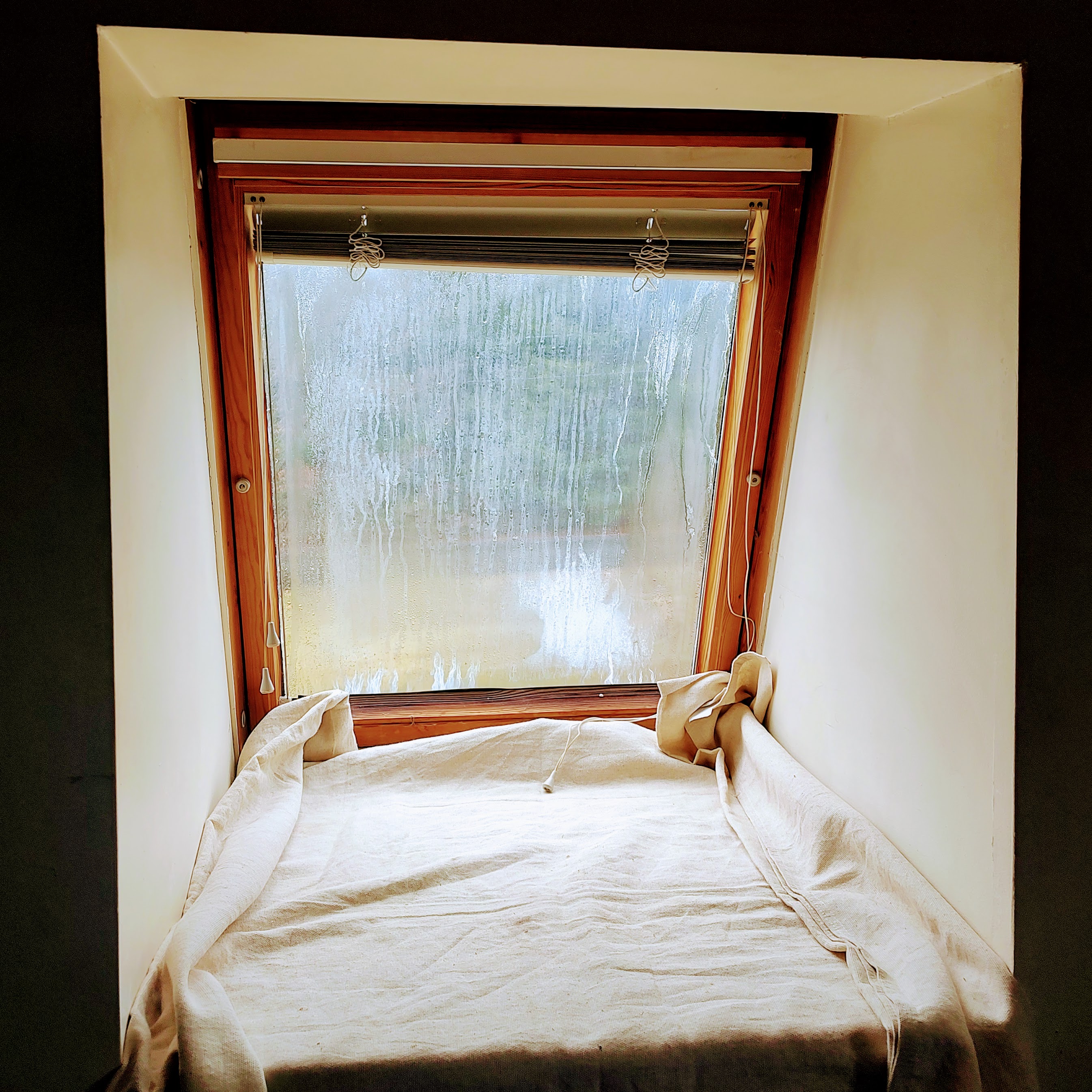 A window opening masked off with sheeting and drop cloths during a job