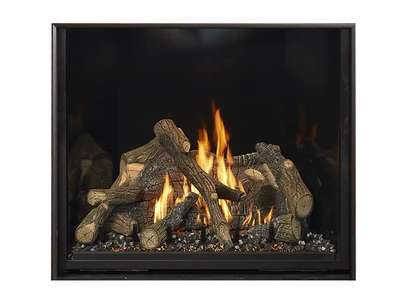 Fireplace with a wide glass front and a lit log set