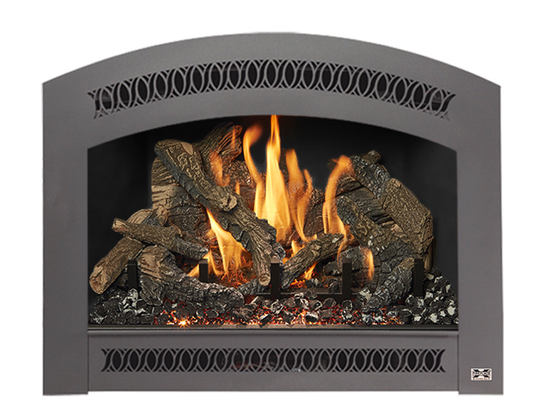 Arch top fireplace front in dark gray with a tall flame over a log set