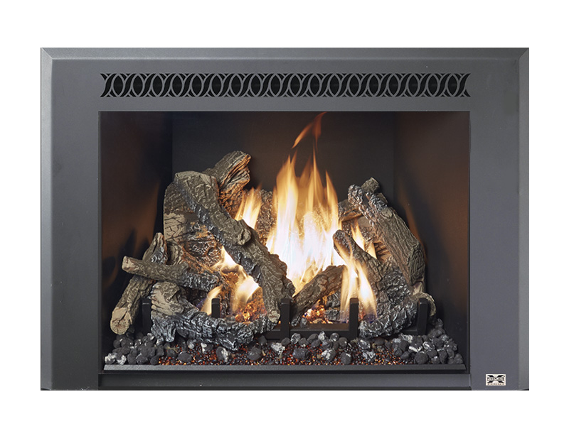 Rectangular fireplace insert with a decorative grille and a bright flame